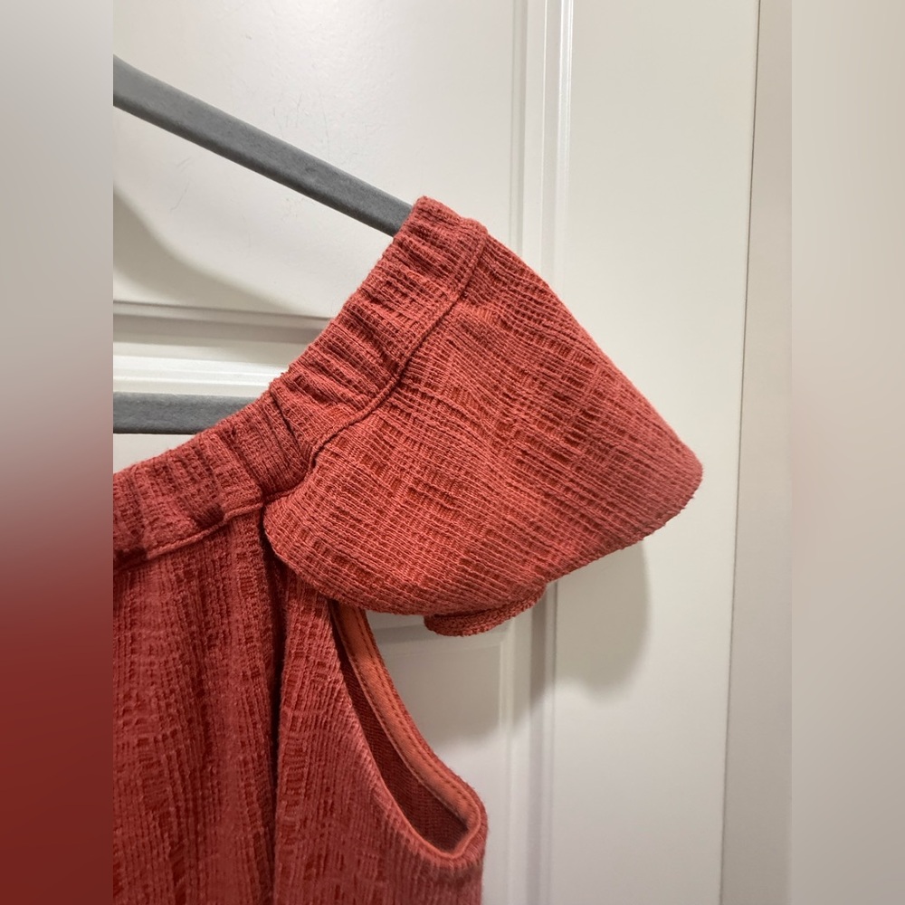 Madewell. Texture & Thread, Off-Shoulder, Rust Button Front Mini Dress. Small - Picture 10 of 11